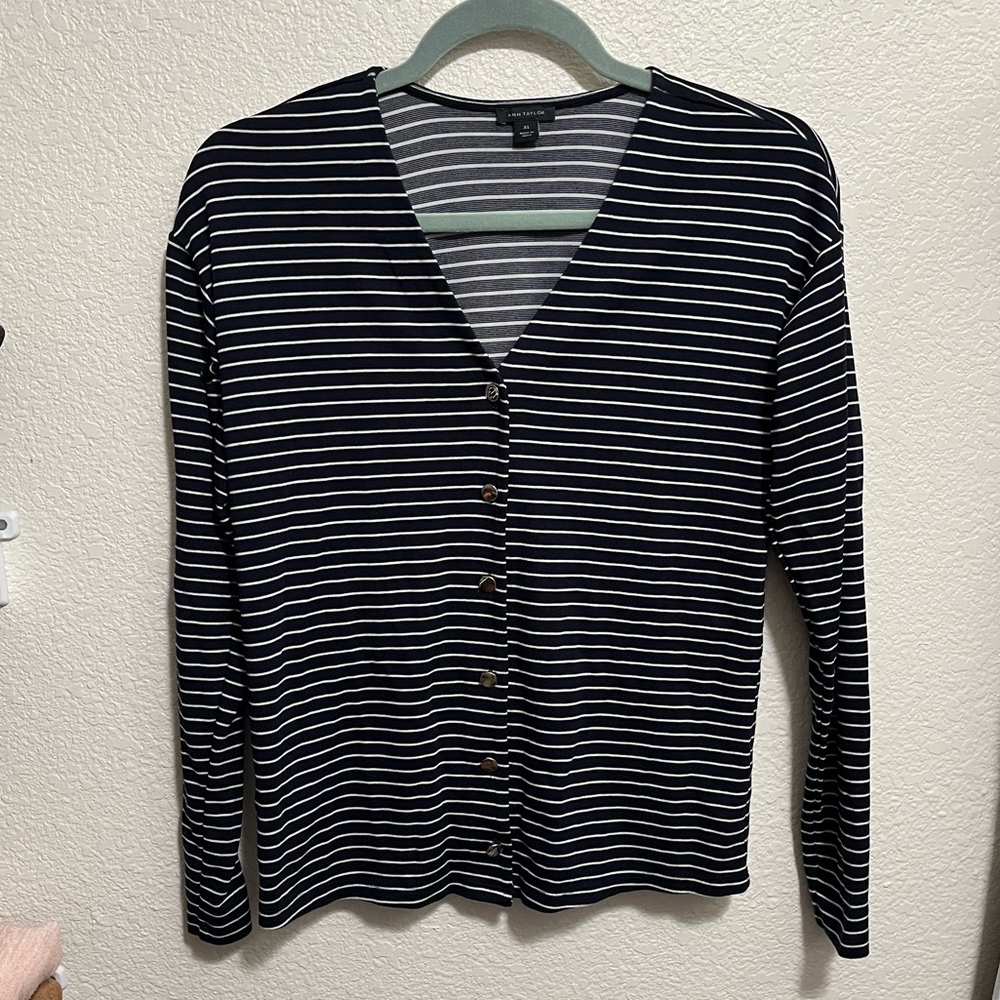Ann Taylor Button Up Dark Navy/White Striped Cardigan